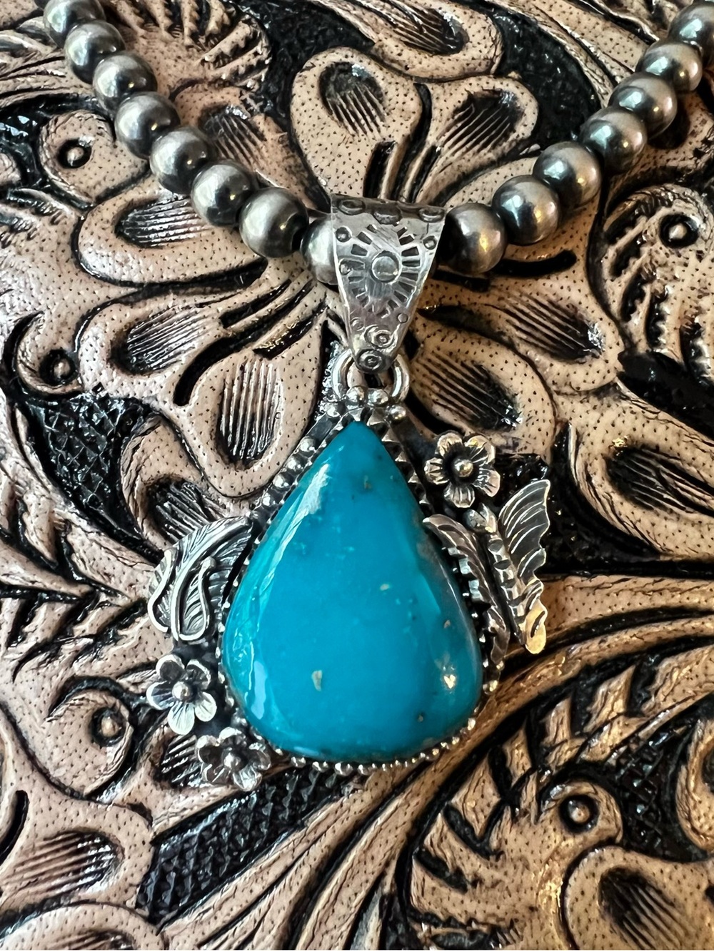 925 Sterling Silver Kingman Turquoise Teardrop Pendant Floral Southwest - Picture 8 of 12